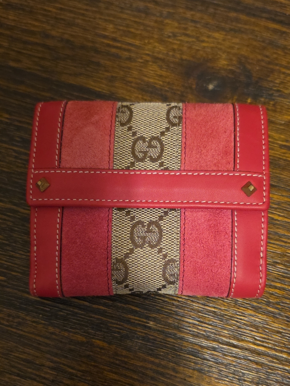 Gucci Pink Suede and GG Canvas Compact Wallet